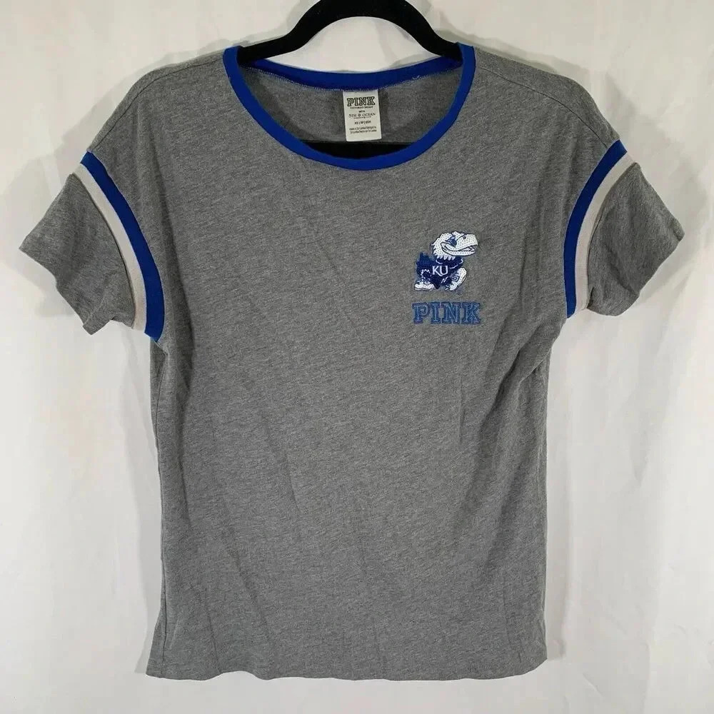 Pink KU Jayhawks Shirt Women's XS Grey Blue Crew Neck Short Sleeve